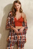 Geometrik Baskılı Sabahlık Dantelli Balensiz Desteksiz Dolgusuz Büstiyer Pantolon Pijama 3'lü Takım 6 Anıl 5746 Kiremit