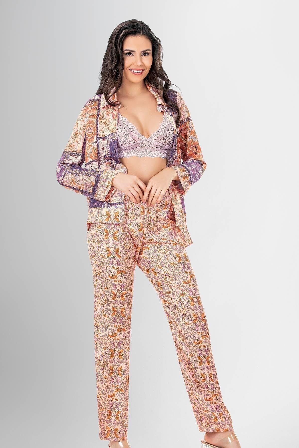 Düğmeli Gömlek Desenli 3lü Pijama Takımı Ahu Loriva 1950