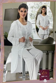 XSES Düğmeli Hamile Lohusa Sabahlık Dantelli 3Lü Pijama Takım XSES 4800