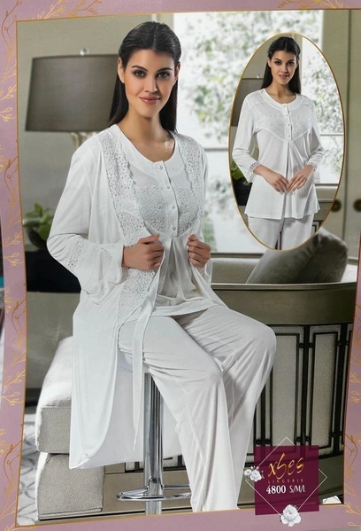 Düğmeli Hamile Lohusa Sabahlık Dantelli 3Lü Pijama Takım XSES 4800
