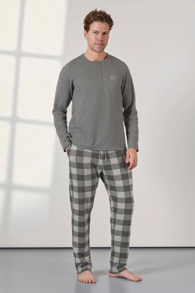 Düğmeli Yaka Kareli Erkek Gri Pijama Takımı Doreanse 25K4536