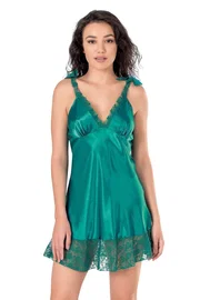 Ahu Lingerie EEtekli Dantel Zümrüt Kısa Saten Gecelik Ahu Primoda 8121