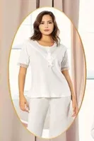 Ekru Düğmeli Hamile Lohusa Sabahlık Pijama Takımı XSES 4850 Ekru detay görünüm