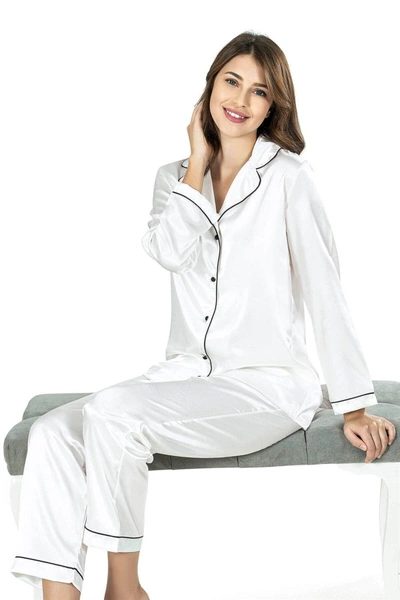 Ekru İkili Saten Gecelik Pijama Takımı Ahu 7647