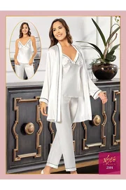XSES Ekru İnce Askılı Saten 3Lü Sabahlık Pijama Çeyiz Seti XSES 2101