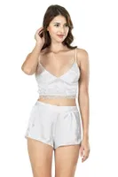 Ekru Saten Büstiyerli Babydoll Şort Takımı Ahu 7662  Ekru