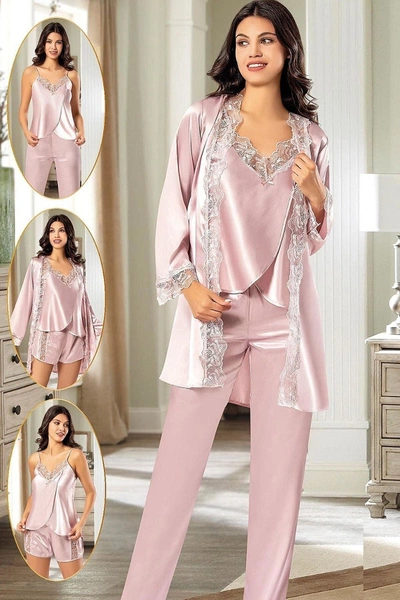 Empirme 4Lü Pudra Saten Sabahlık Şort Pijama Çeyiz Seti XSES 2165