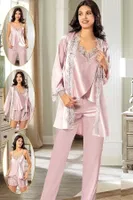 Empirme 4Lü Pudra Saten Sabahlık Şort Pijama Çeyiz Seti XSES 2165 Pudra