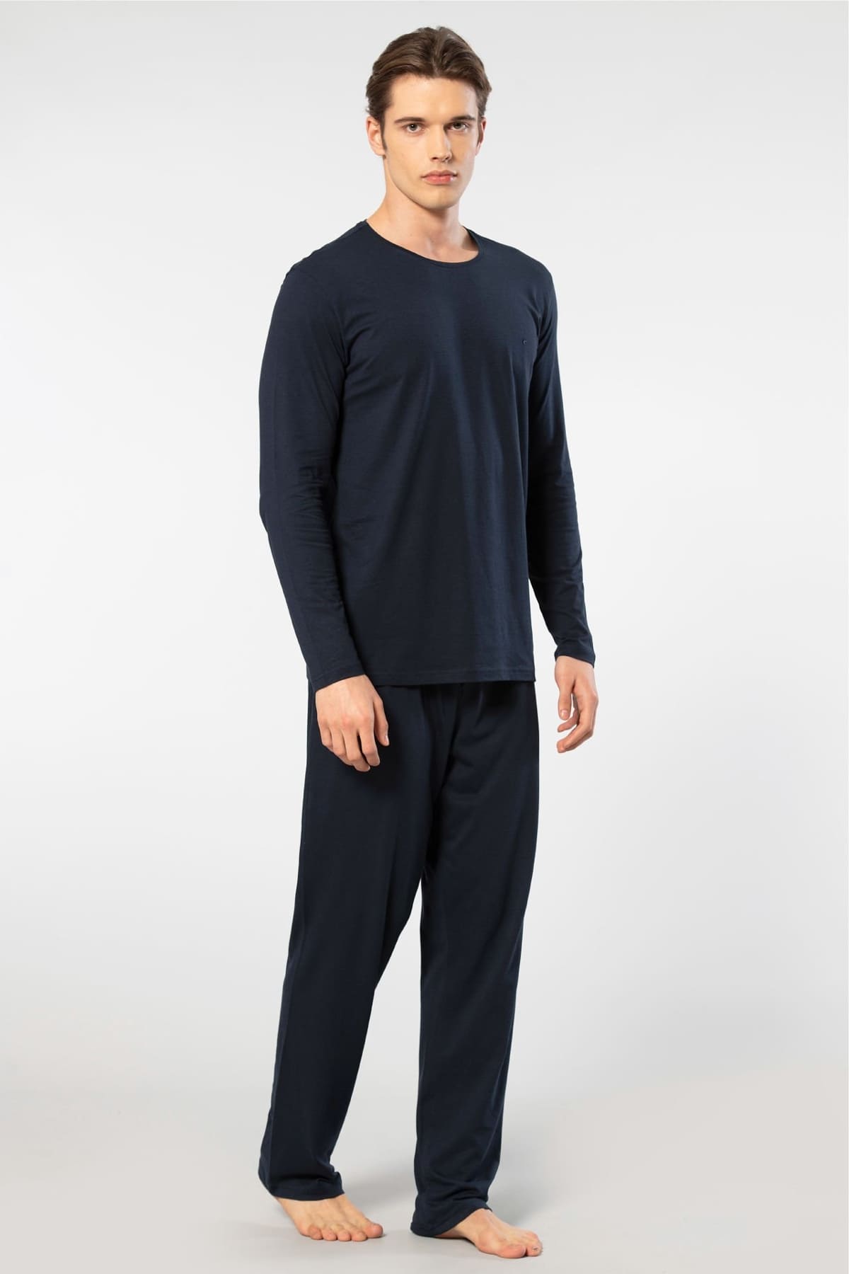 Lacivert Uzun Kollu Modal Bisiklet Yaka Pijama Takımı Cacharel 2244