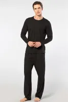 Bisiklet Yaka Uzun Kollu Nakış Logolu Modal Erkek Pijama Takımı Cacharel 2244 Siyah