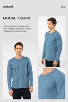 Uzun Kollu Bisiklet Yaka Modal Pamuklu Erkek T-shirt Cacharel 2242 İndigo detay görünüm