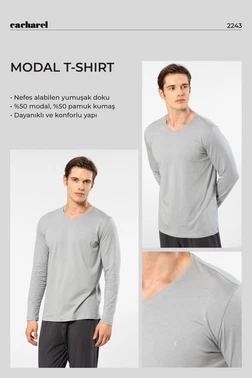 Cacharel Gri Modal Pamuklu V Yaka Erkek T-shirt Cacharel 2243 - Alternatif Görünüm