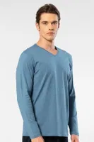 Pamuklu Modal V Yaka Uzun Kollu Erkek T-shirt Cacharel 2243 İndigo