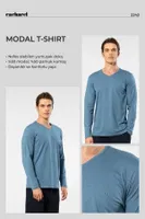 Pamuklu Modal V Yaka Uzun Kollu Erkek T-shirt Cacharel 2243 İndigo detay görünüm