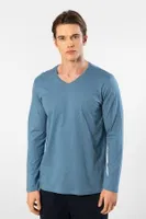 Pamuklu Modal V Yaka Uzun Kollu Erkek T-shirt Cacharel 2243 İndigo farklı açı