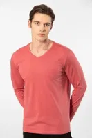 Uzun Kollu Modal Pamuklu Erkek V Yaka T-shirt Cacharel 2243 Mercan