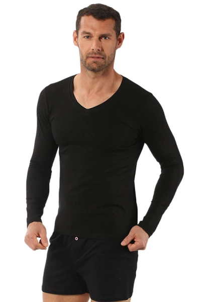Erkek Penye Likralı Pamuklu V Yaka Uzun Kol T-Shirt Özkan 0274