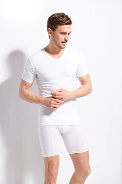 Erkek Ribana V Yaka Beyaz T-shirt %100 Pamuklu Premium Kalite Kolcu 1220