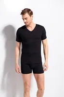 Erkek Ribana V Yaka Beyaz T-shirt %100 Pamuklu Premium Kalite Kolcu 1220 Siyah farklı açı