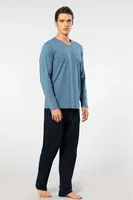 V Yaka Uzun Kollu Modal Erkek Pijama Takımı Cacharel 2237 İndigo