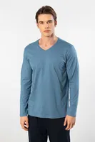 V Yaka Uzun Kollu Modal Erkek Pijama Takımı Cacharel 2237 İndigo detay görünüm