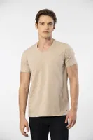 V Yaka Kısa Kollu Pamuklu Likralı Erkek T-shirt Cacharel 1332 Bej