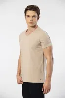 V Yaka Kısa Kollu Pamuklu Likralı Erkek T-shirt Cacharel 1332 Bej detay görünüm