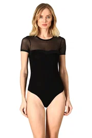 Özkan Esnek Rahat Yaka Saten Ve Tül Detaylı Bisiklet Yaka Kısa Kollu Kancalı Body Özkan 27092