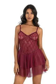 Ahu Lingerie Eteği Katlı Bordo Kısa Tül Gecelik Ahu Primoda 4216