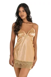 Ahu Lingerie Eteği Tül Gold Kısa Saten Gecelik Ahu Primoda 8248