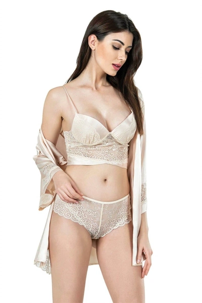 Fildişi Büstiyerli üçlü Saten Gecelik Babydoll Şort Takım Ahu 7655
