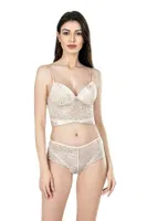 Fildişi Büstiyerli üçlü Saten Gecelik Babydoll Şort Takım Ahu 7655 Ekru detay görünüm