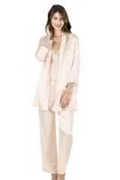 Fildişi Üçlü Saten Gecelik Pijama Takımı Ahu 7640 Ekru