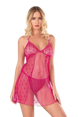 Ahu Lingerie Fuşya Dantelli Tül Gecelik Ahu Primoda 4120
