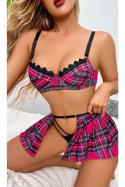 Ruselin Fuşya Ekose Gecelik Fantazi Hizmetçi Kostüm Ruselin 2074