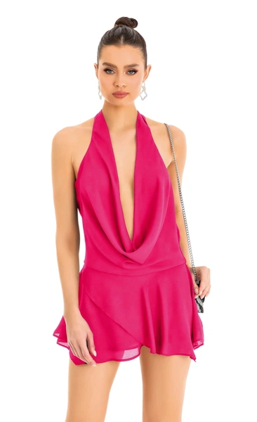 Fuşya Sırt Dekolteli Seksi Mini Elbise Pink Night 3362
