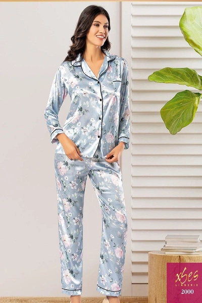 Gömlek Yaka Çiçekli Saten Empirme Kadın Pijama Çeyiz Seti XSES 2000