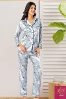 Gömlek Yaka Çiçekli Saten Empirme Kadın Pijama Çeyiz Seti XSES 2000 Mavi