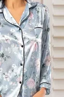 Gömlek Yaka Çiçekli Saten Empirme Kadın Pijama Çeyiz Seti XSES 2000 Mavi detay görünüm