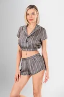 Gömlek Yaka Çizgili 2li Şort Pijama Takımı Ahu Loriva 1946 Gri detay görünüm