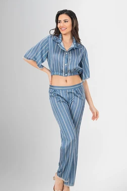 Ahu Lingerie Gömlek Yaka Crop 2li Düğmeli Pijama Takımı Ahu Loriva 1956