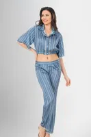 Gömlek Yaka Crop 2li Düğmeli Pijama Takımı Ahu Loriva 1956 Mavi