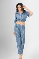 Gömlek Yaka Crop 2li Düğmeli Pijama Takımı Ahu Loriva 1956 Mavi detay görünüm