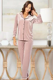 XSES Gömlek Yaka Kadife Düğmeli Lohusa Pijama Takımı Pudra XSES 5500