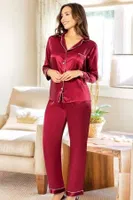 Gömlek Yaka Önden Düğmeli Kadın Saten Pijama Takımı XSES 2105 Bordo