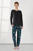 Gri Kadife Mavi Çiçek Desenli Kadın Pijama Takımı Doreanse 25K4034