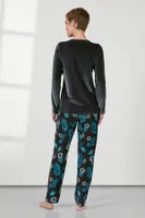 Gri Kadife Mavi Çiçek Desenli Kadın Pijama Takımı Doreanse 25K4034 detay görünüm