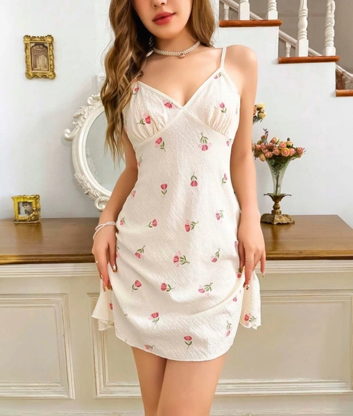 Gül Desenli Beyaz Penye Gecelik Lily Bianca 13004