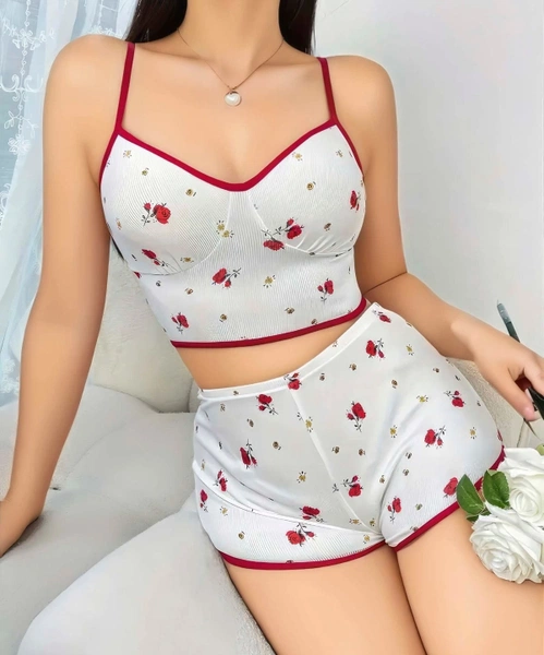 Gül Desenli Beyaz Şort Takım Lily Bianca 13001