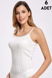 İlke 6 Adet Ekru Jakarlı Dantelli İp Askılı Kadın Atlet İlke 223